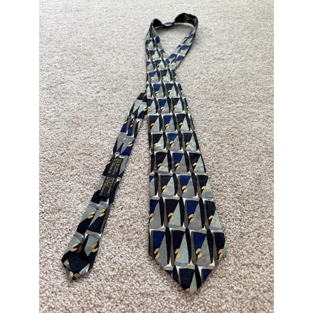 J. Riggins Hunting Horn‎ Tie Mens OS Blue Green Gold Geometric Abstract Silk USA